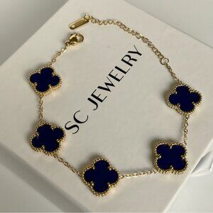 Dark Royal Blue Clover Bracelet Double Sided Stainless Steel
